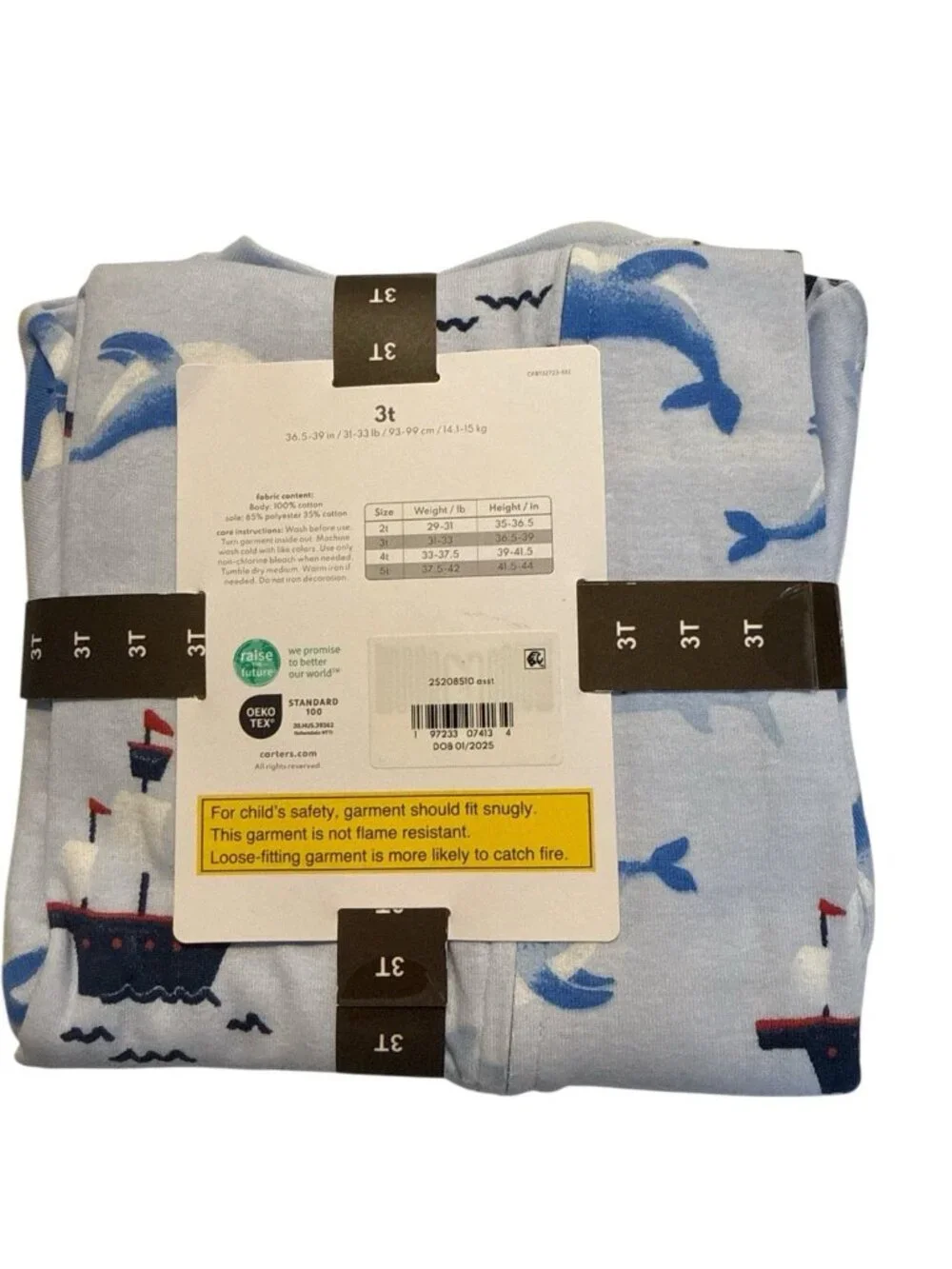 Carter's Cotton Footie Pajamas-Whales And Ships-Light Blue/Multicolor-Size 3T